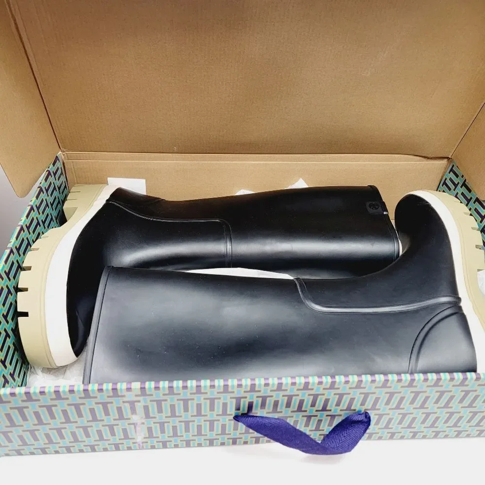 Tory Burch Hurricane Tall Lug Boot Perfect Black Rubber Boot Size 9 NEW
